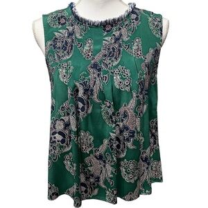 Sea New York‎ Silk Blend Sleeveless Blouse Green Paisley Frayed Neckline Sz 2